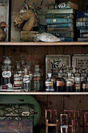 Pile shelves with curios and emulate an apothecary cabinet. (homelife.com.au)