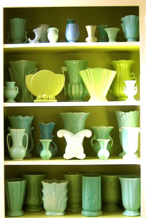 Display objects of a similar colour. Here vintage pottery vases work beautifully. (binkandboo.net)